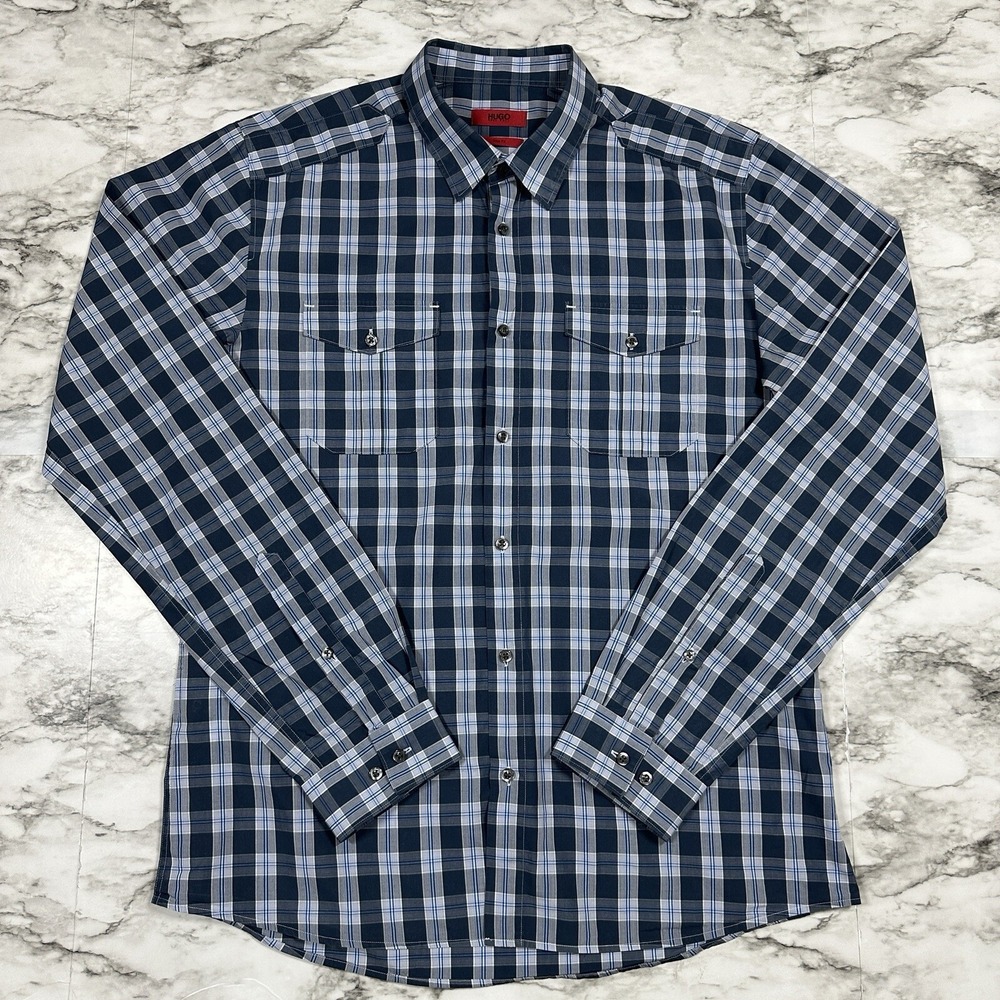Hugo Boss Slim Fit Shirt Mens XL FITTED Multicolor Plaid Long Sleeve Red Label